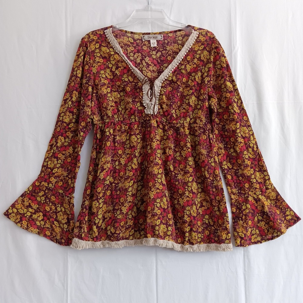 Decree Floral Blouse Women XL Burgundy Yellow Boho Bell Sleeve Fringe Trim